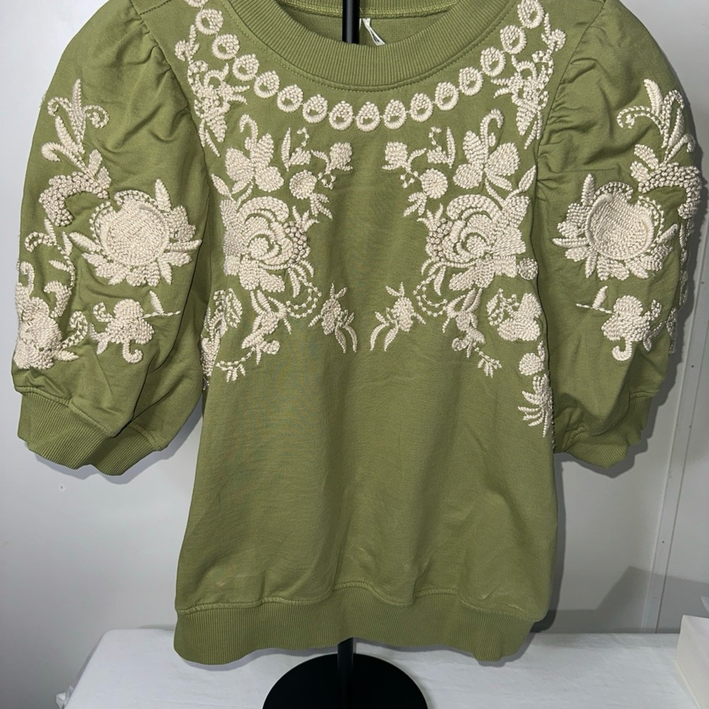 Anthropologie Olive Embroidered Knit Top